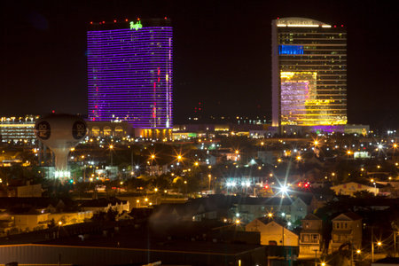 Back bay and marina district of Atlantic City, New Jersey at night showing the Borgata Casino (left) and the Water Club Casino (right),のeditorial素材