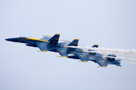 US Navy Blue Angels squadron flying preforming precision aerial maneuvers at the Atlantic City...