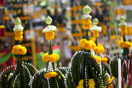 Banana leaves, lotus and yelow flower for Thai praying