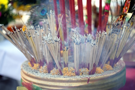 Incense pot for praying with smoke from Thai people take sacrifice ceremony.の写真素材