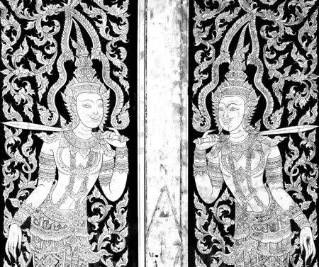 Ancien golden angel picture on the door in Thai temple. More than 200 year old picture in Wat Yai, Chonburi province in Thailand.のeditorial素材