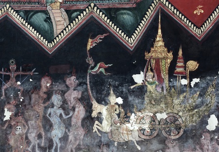 Ancien Ramayana picture on the wall in Thai temple. This picture is over 200 year old in Wat Yai, Thailand.のeditorial素材