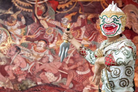 Ancient Ramayana picture on the wall in Thai temple. This picture is over 200 year old in Wat Yai, Thailand.のeditorial素材