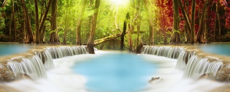 Level two of Huai Mae Kamin Waterfall in Kanchanaburi Province, Thailandの写真素材