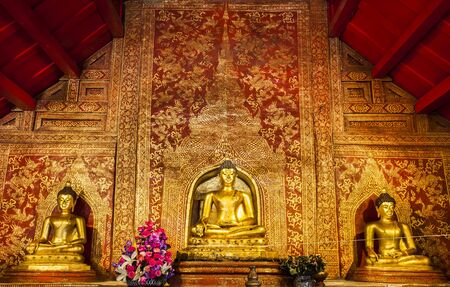 CHIANGMAI THAILAND - OCTOBER 25   The Main Buddha with golden Thai pattern backgroung in the Wat sing temple, Thailand on October 25, 2012 のeditorial素材