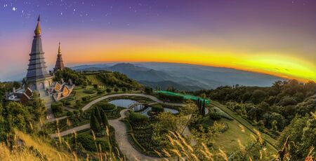 Landscape of Two pagoda at Doi Inthanon, chiangmai - Thailand, between sunset time.の写真素材