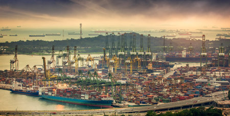 Landscape from bird view of Cargo ships entering one of the busiest ports in the world, Singapore.