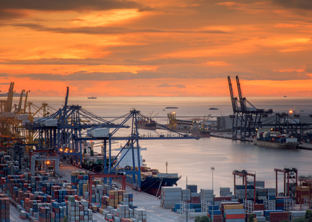 Landscape from bird view of Cargo ships entering one of the busiest portsのeditorial素材