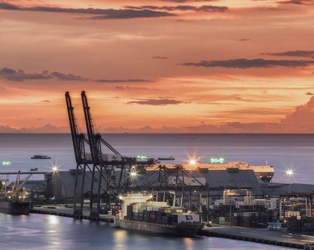 Landscape from bird view of Cargo ships entering one of the busiest portsのeditorial素材
