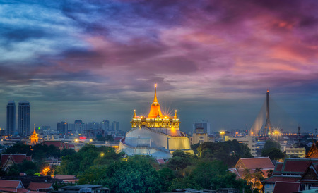 Big Pagoda, Bangkok Cityscape at Twilight, The Golden Mountain of Thailand(Wat Sraket, Bangkok)の写真素材