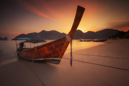 andaman long tailed boat southern of thailand on the sunset beach in Phi phi island  near phuket