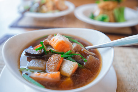 Salmon soup, japanese food for healthy and fresh in japanese restaurantの写真素材