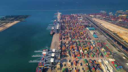 Landscape from bird eye view for Laem chabang logistic port, Chonburi, Thailand. Logistic, delivery...