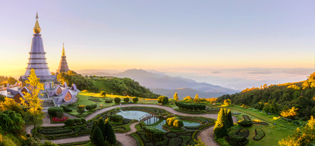 Landscape of two pagoda on the top of Inthanon mountain, Chiang Mai, Thailand. Nature, outdoor, park, and travelのeditorial素材