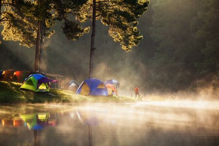 Pang ung park and Morning in forest with camping in the mist, Pangung Mae Hong Son near Chiang Mai, Thailandの写真素材