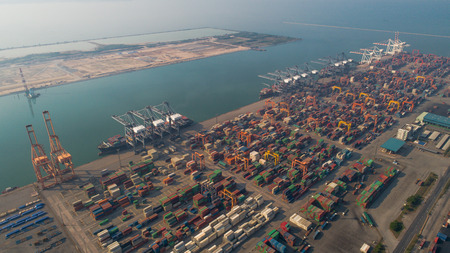 Landscape from bird eye view for Laem chabang logistic port, Chonburi, Thailand. Logistic, delivery container and delivery conceptの写真素材