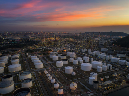 Oil refinery and oil tank and chemical plant from air bird eye view, Factory, industrial and Energy conceptのeditorial素材