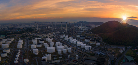 Oil refinery and oil tank and chemical plant from air bird eye view, Factory, industrial and Energy conceptのeditorial素材