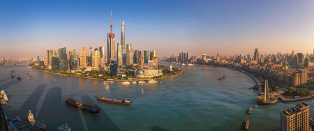Cityscape of Shanghai city and river and sunset sky, Shang hai is business center city in China, Asiaのeditorial素材