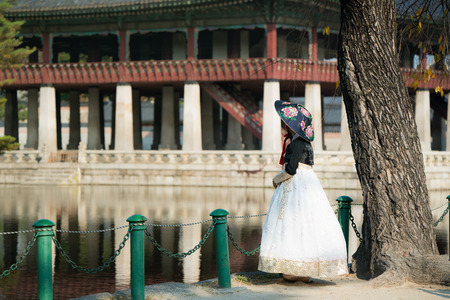 Korean lady in hanbok dress walk and travel in palace in Seoul city, South Koreaのeditorial素材