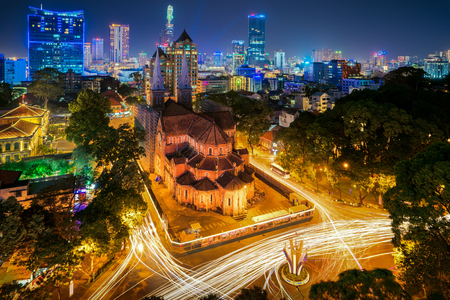 Nha Tho Duc Ba Ho Chi Minh city with Notre Dame Basilica in magic light and blue sky, Vietnamの写真素材