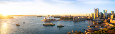 Cityscape of Sysney harbour with morning sunrise moment and boat in the sea, New south wales,...