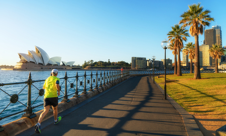 A man running in harbour park in morning time, Sydney, Australiaのeditorial素材