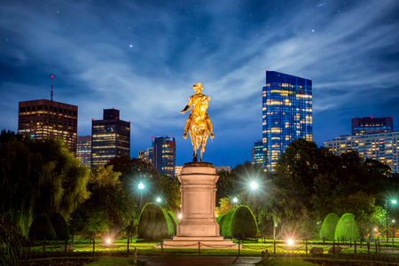 George Washington Equestrian Statue at Public Garden in Boston at night, Massachusettsの写真素材