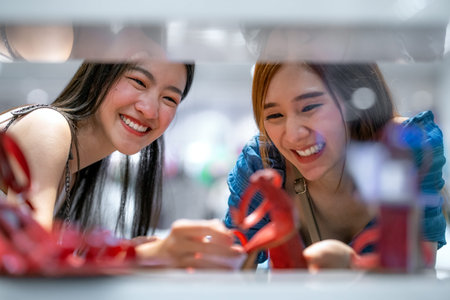 Two surpriced asian girl showing on elegant shoes, shopping time , this photo can use for sales, buy...