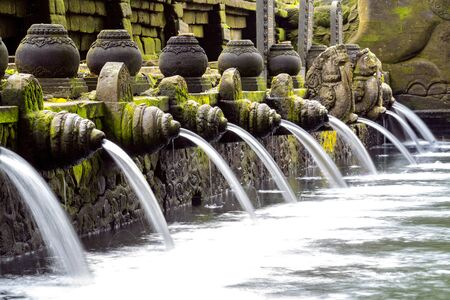 Praying in holy spring water of sacred pool at Pura Tirta Empul Temple, Tampaksiringの写真素材
