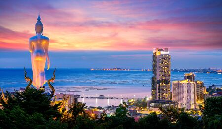 Panorama of top view of Sriracha city and Buddha statue in temple near Pattaya, Chonburi, Thailandの写真素材