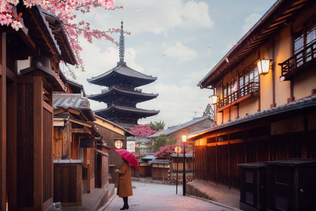 Yasaka pagoda and traditional japanese home with Sakura flower in Kyoto, Japan. This image can use for travel and cherry blossom conceptのeditorial素材