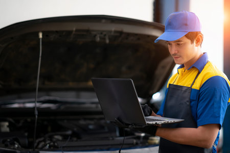 Car repair technicians use laptop computers to measure engine values for analysis in car service center.の写真素材
