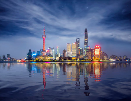 Night Cityscape of Shanghai, China city skyline on the Huangpu River.のeditorial素材