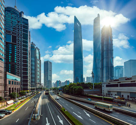 Highway in Shanghai city, China. this photo can use for road, street and traffic conceptのeditorial素材