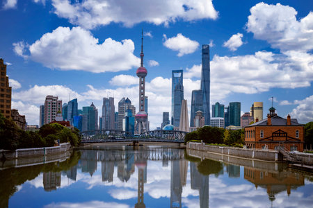 Shanghai skyline with historical Waibaidu bridge, Shanghai, China