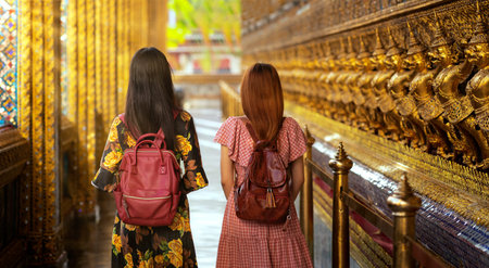 Two asian girlfriends traveling and check location by a map in Grand Palace and Wat phra kaew...