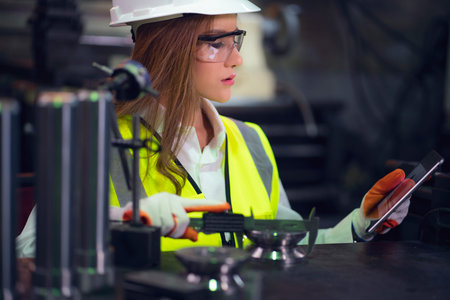Industrial Worker Inspector Measuring detail with Vernier Caliper in Factory Workshop