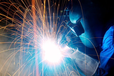 Industrial Worker at the factory welding closeup