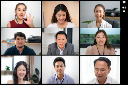 Group Corporate Video Conference Computer Monitor Screen with asian people meeting by internet
