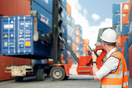 industrial worker is controlling container loading by walkie talkie in import export business. isolated on white background.の写真素材