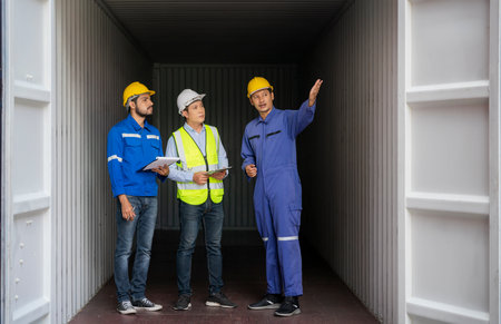 Customer service staff explain about container spec to his customer at inside of container cabinet in Shipping companyの写真素材