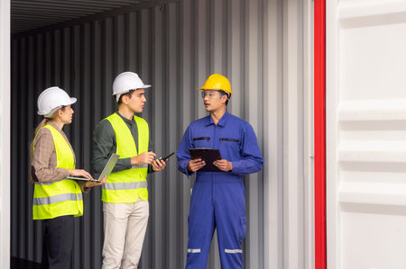 Customer service staff explain about container spec to his customer at inside of container cabinet...