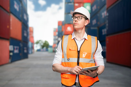 Manager standing and meeting with his staff in container depo company area. Worker in logistic and import export hub business standing and smileの写真素材