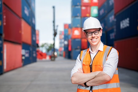 Manager standing in container depo company area. Worker in logistic and import export hub business standing and smileの写真素材