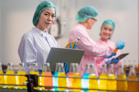 Asian professional food scientist checking and control quality of beverage in chemical laboratory in...