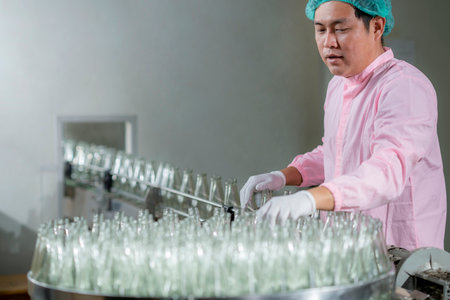 Asian Operator worker working at Raw glass bottles on an aytomatic conveyer in production line of beverage industry in factoryの写真素材