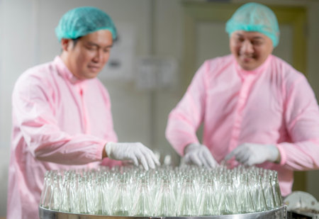Asian Operator worker working at Raw glass bottles on an aytomatic conveyer in production line of beverage industry in factoryの写真素材