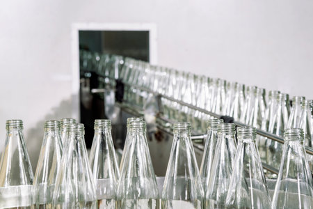 Raw glass bottles on an aytomatic conveyer in production line of beverage industry in factory