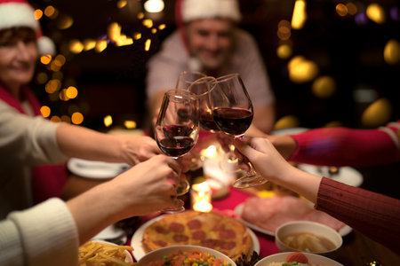 Table of roast turkey and food in christmas and new year party of American family at home, family member enjoy home made turkry grill dining togather in houseの写真素材